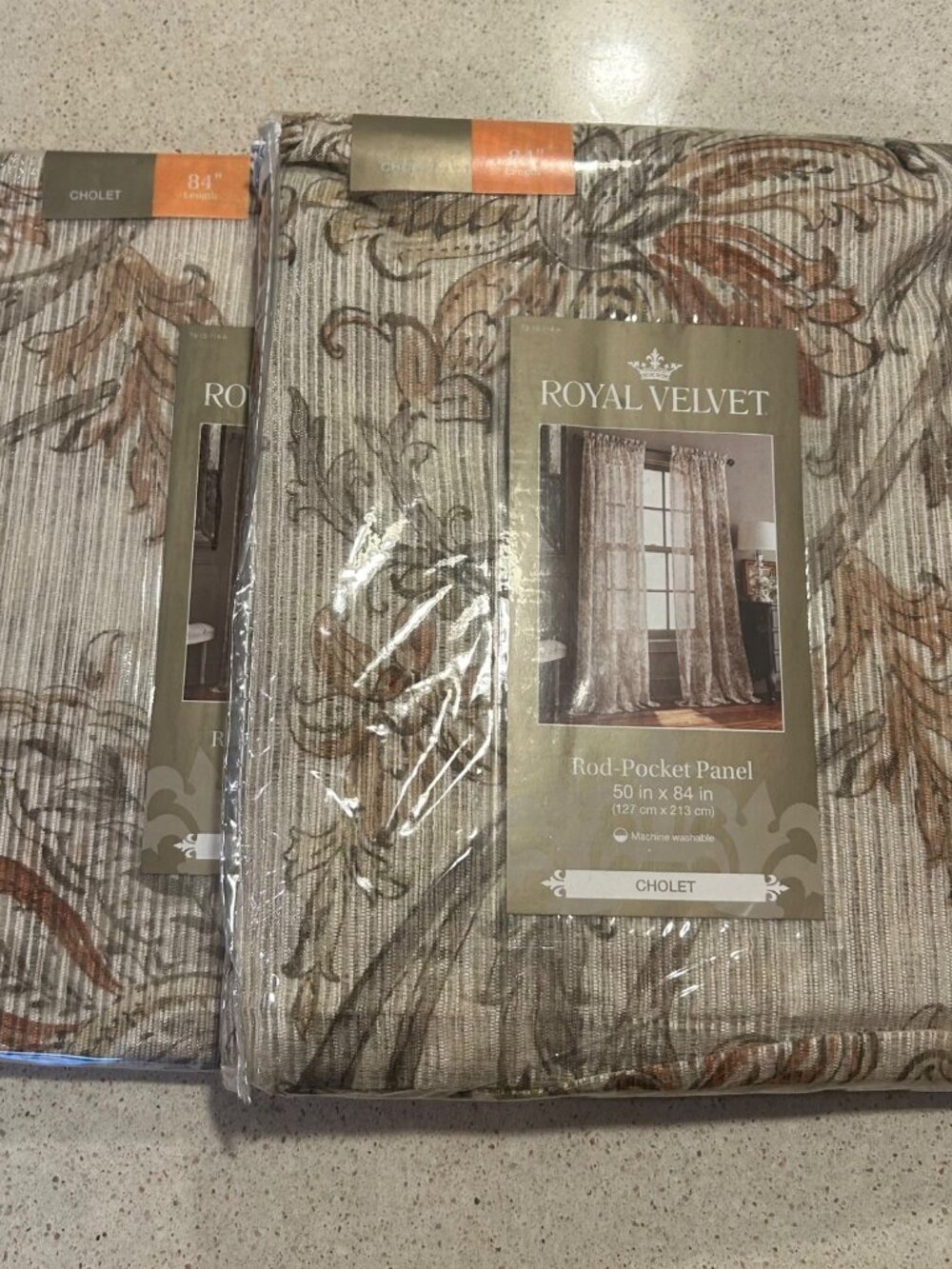 "Royal Velvet Cholet Curtain Set 2 Rod Pocket Panels Floral Beige Rust 50"x 84"